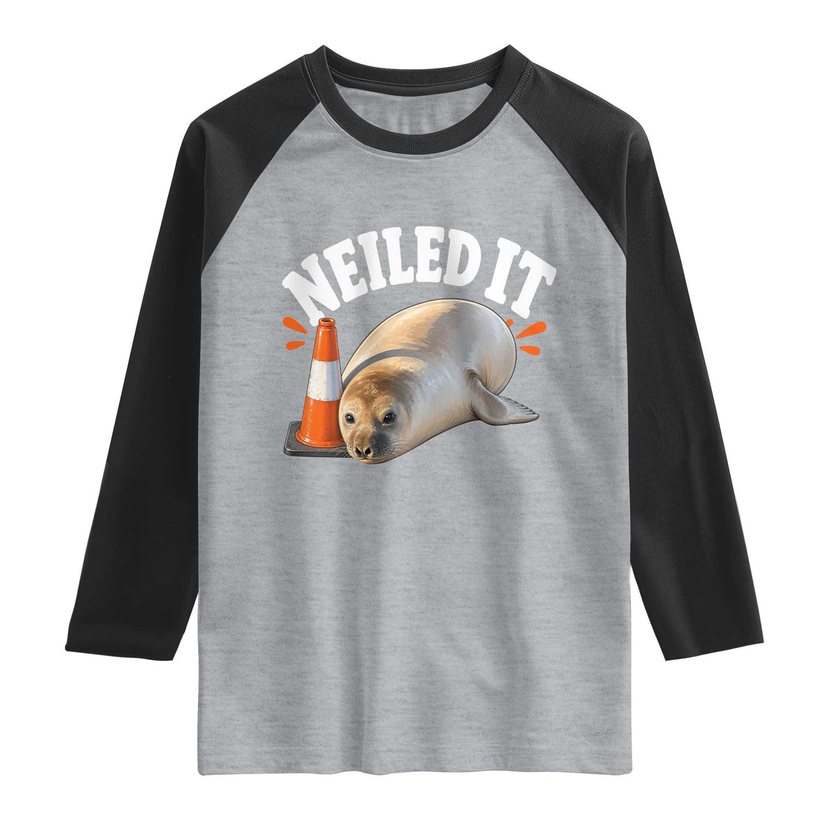 Neil The Seal Nailed It Raglan Shirt Funny Tasmania Elephant Seal Traffic Cone Meme Art TS11 Heather Gray Black Print Your Wear