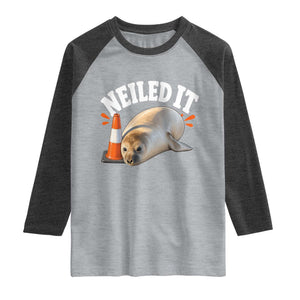 Neil The Seal Nailed It Raglan Shirt Funny Tasmania Elephant Seal Traffic Cone Meme Art TS11 Heather Gray Heather Charcoal Print Your Wear