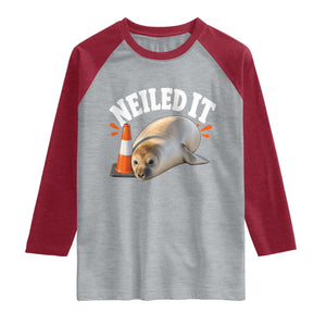Neil The Seal Nailed It Raglan Shirt Funny Tasmania Elephant Seal Traffic Cone Meme Art TS11 Heather Gray Heather Red Print Your Wear
