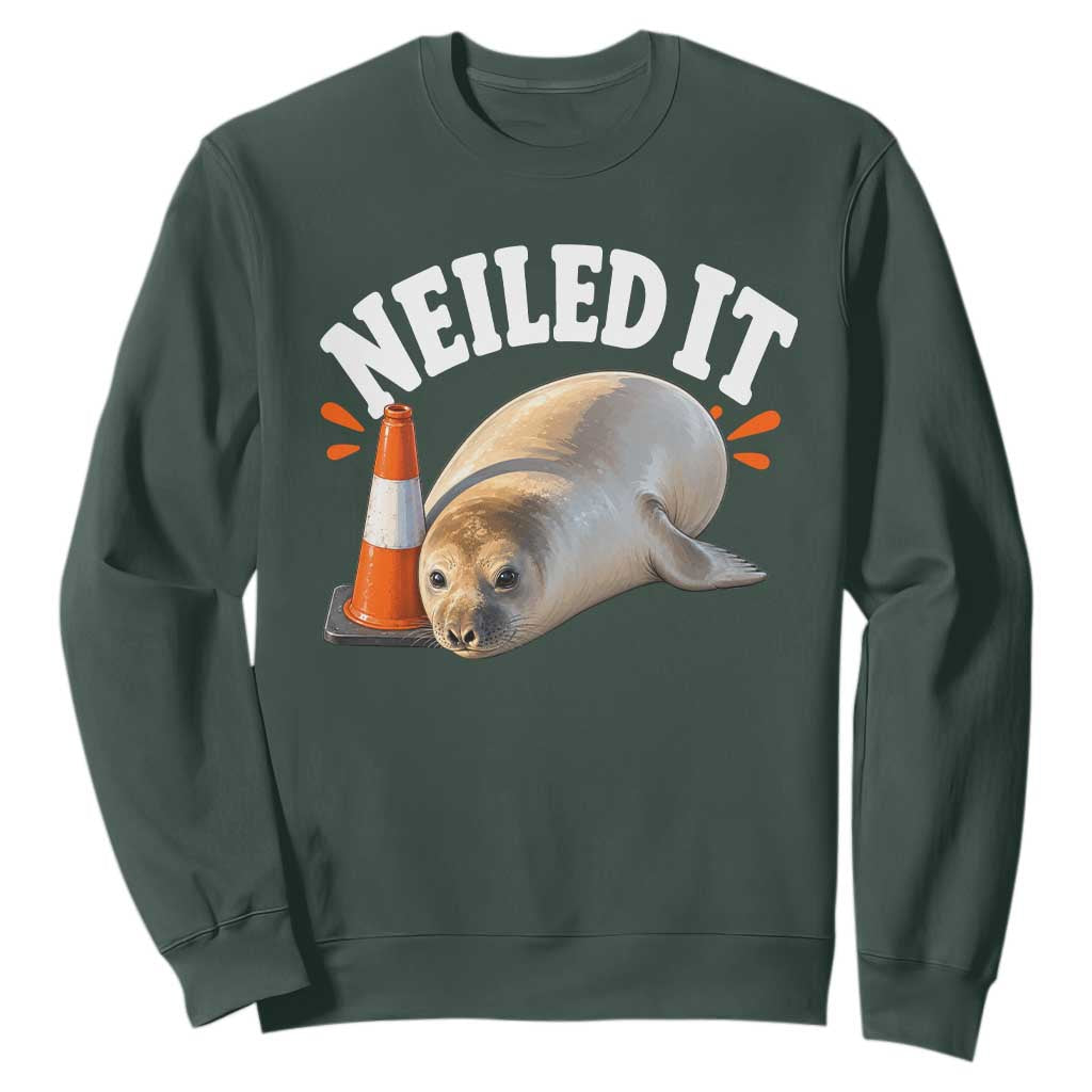 Neil The Seal Nailed It Sweatshirt Funny Tasmania Elephant Seal Traffic Cone Meme Art TS11 Dark Forest Green Print Your Wear