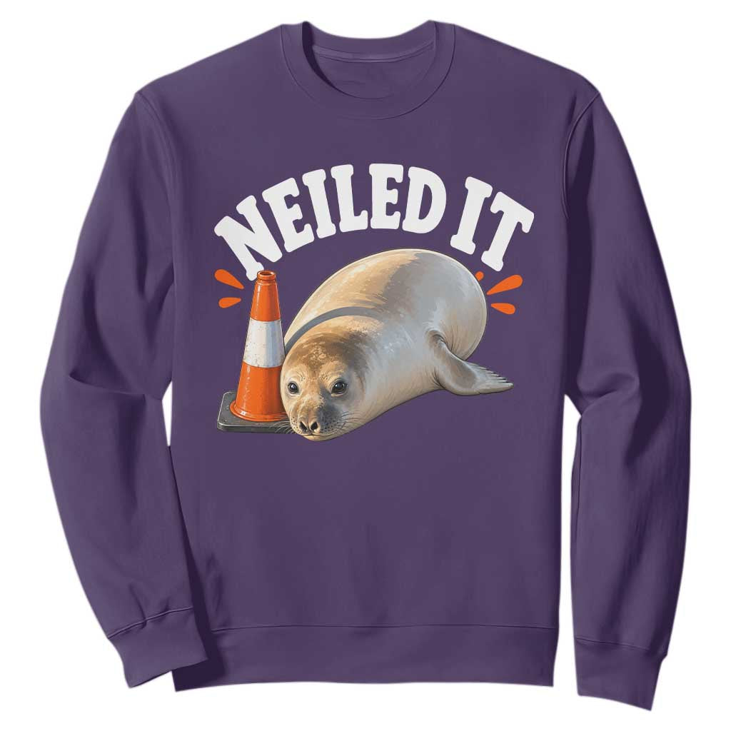Neil The Seal Nailed It Sweatshirt Funny Tasmania Elephant Seal Traffic Cone Meme Art TS11 Purple Print Your Wear