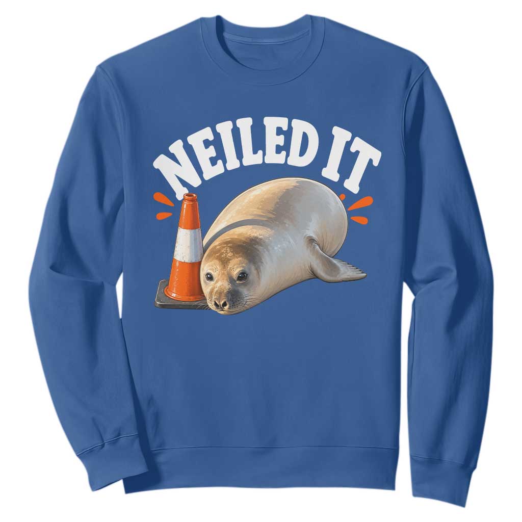 Neil The Seal Nailed It Sweatshirt Funny Tasmania Elephant Seal Traffic Cone Meme Art TS11 Royal Blue Print Your Wear