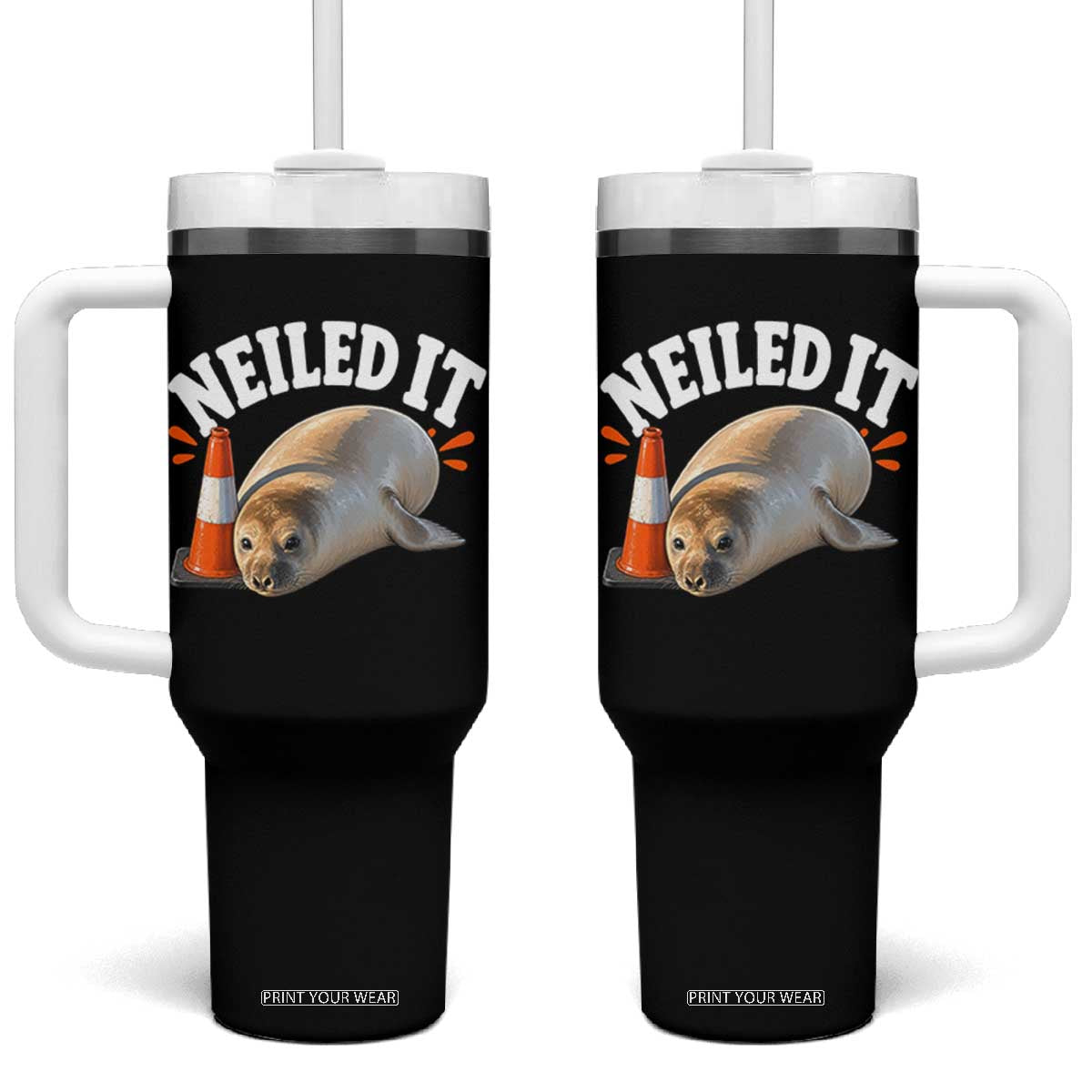 Neil The Seal Nailed It Tumbler With Handle Funny Tasmania Elephant Seal Traffic Cone Meme Art TS11 One Size: 40 oz Black Print Your Wear