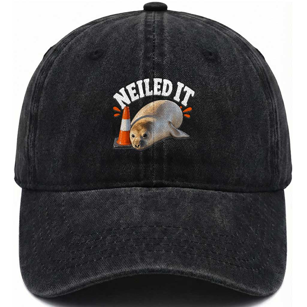 Neil The Seal Nailed It Washed Cotton Baseball Cap Funny Tasmania Elephant Seal Traffic Cone Meme Art TS11 Print Your Wear