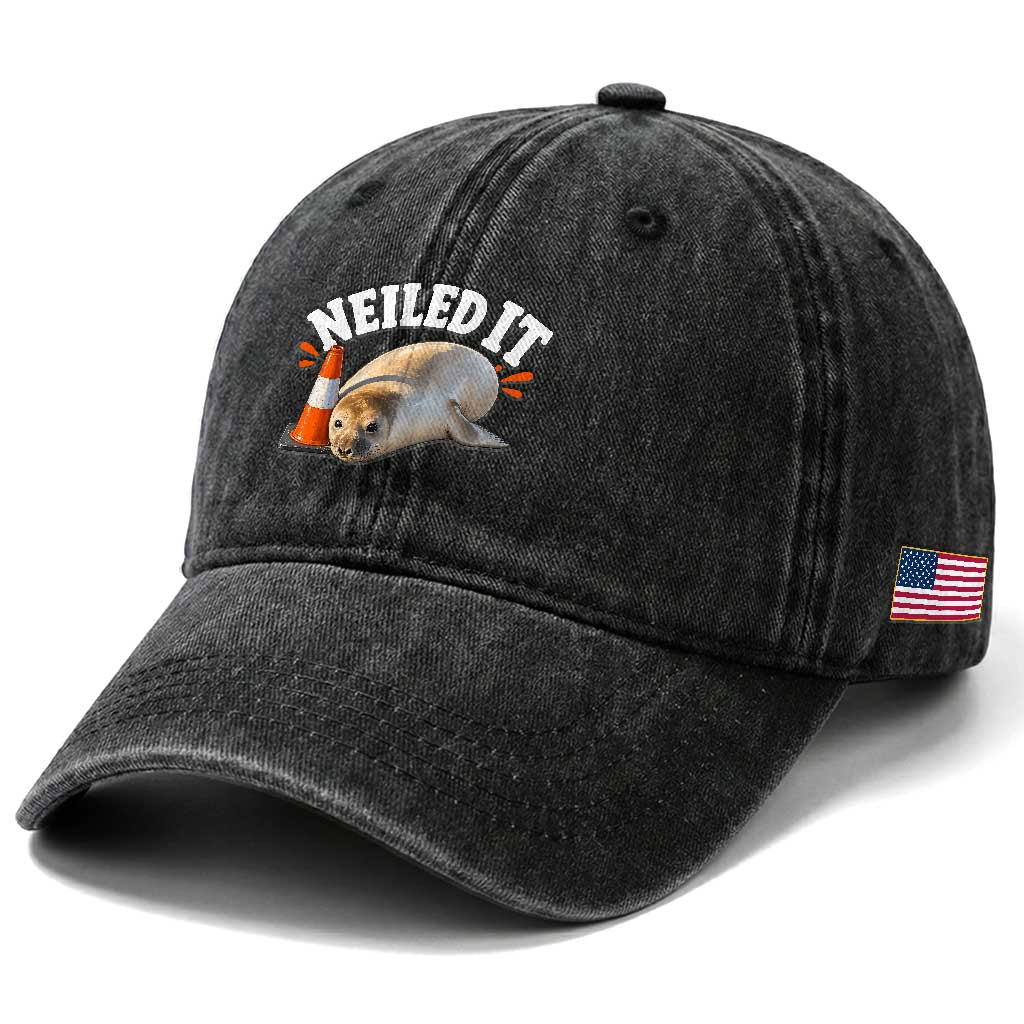 Neil The Seal Nailed It Washed Cotton Baseball Cap Funny Tasmania Elephant Seal Traffic Cone Meme Art TS11 Print Your Wear