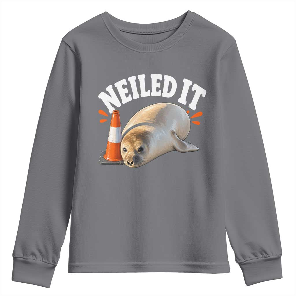 Neil The Seal Nailed It Youth Sweatshirt Funny Tasmania Elephant Seal Traffic Cone Meme Art TS11 Charcoal Print Your Wear