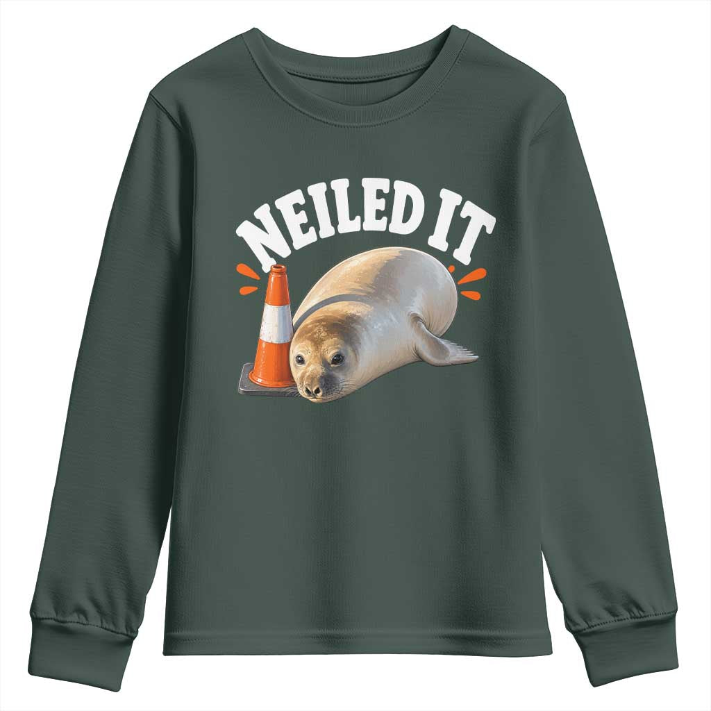 Neil The Seal Nailed It Youth Sweatshirt Funny Tasmania Elephant Seal Traffic Cone Meme Art TS11 Dark Forest Green Print Your Wear