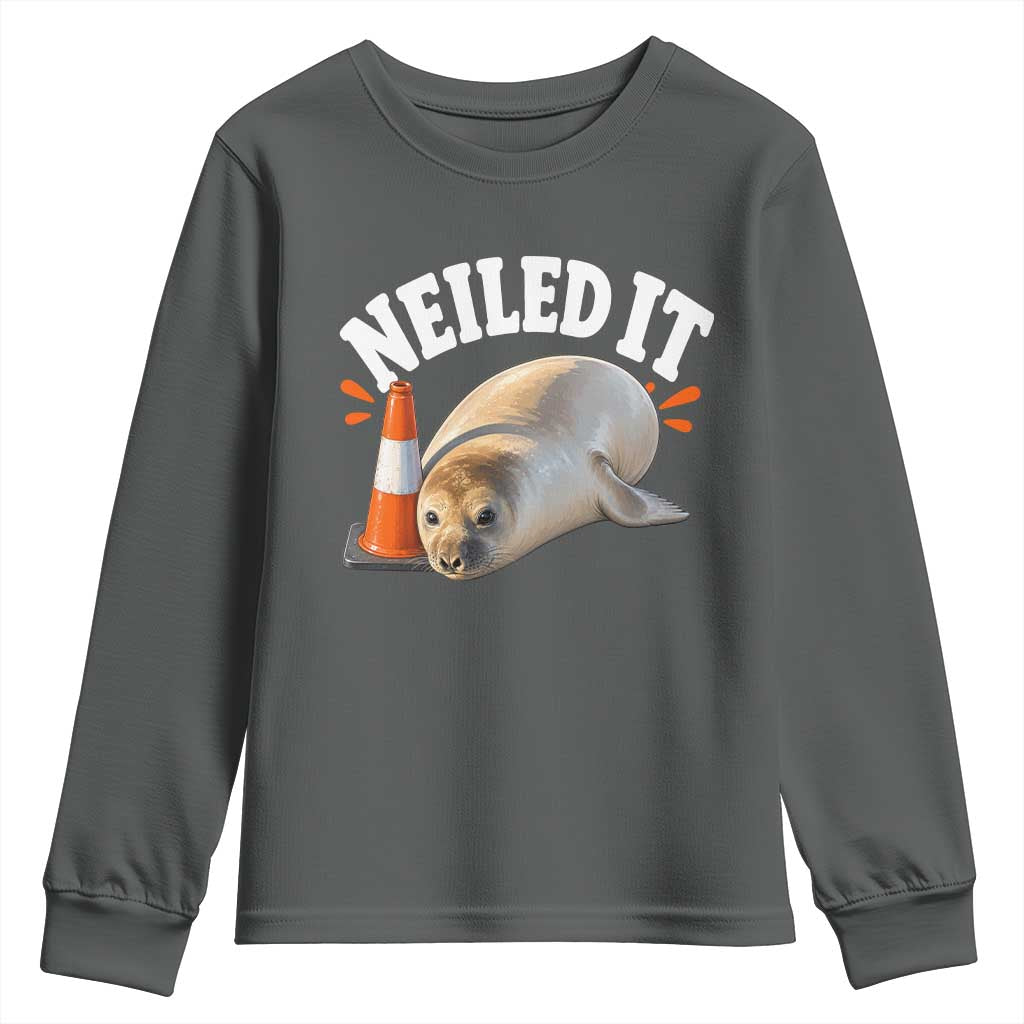 Neil The Seal Nailed It Youth Sweatshirt Funny Tasmania Elephant Seal Traffic Cone Meme Art TS11 Dark Heather Print Your Wear
