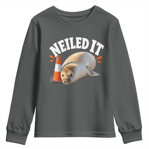 Neil The Seal Nailed It Youth Sweatshirt Funny Tasmania Elephant Seal Traffic Cone Meme Art TS11 Dark Heather Print Your Wear