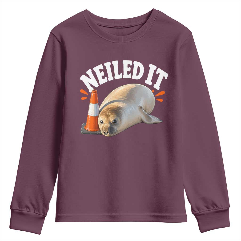 Neil The Seal Nailed It Youth Sweatshirt Funny Tasmania Elephant Seal Traffic Cone Meme Art TS11 Maroon Print Your Wear