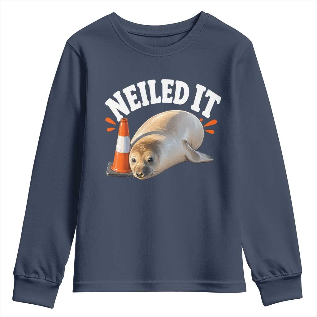 Neil The Seal Nailed It Youth Sweatshirt Funny Tasmania Elephant Seal Traffic Cone Meme Art TS11 Navy Print Your Wear