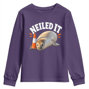 Neil The Seal Nailed It Youth Sweatshirt Funny Tasmania Elephant Seal Traffic Cone Meme Art TS11 Purple Print Your Wear