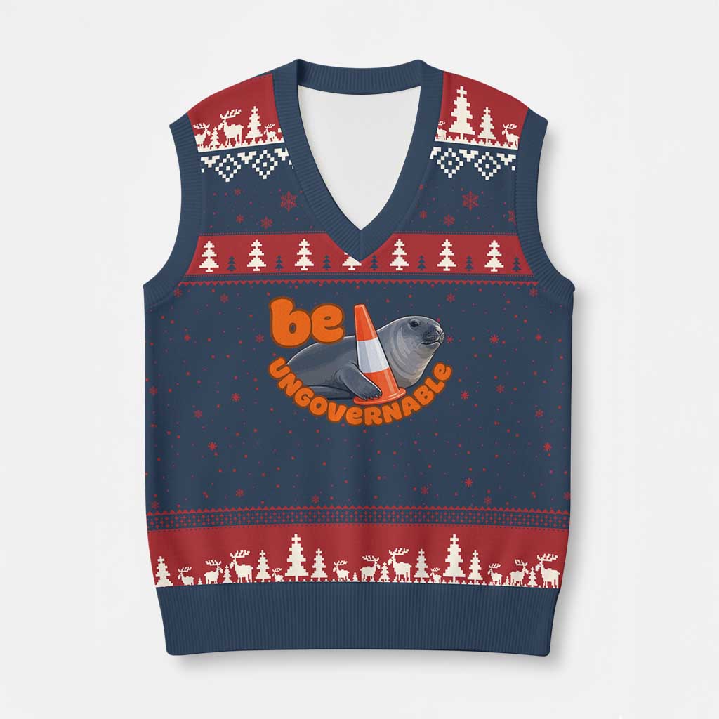 Neil The Seal Be Ungovernable V-Neck Knit Sweater Vest Funny Tasmania Elephant Seal Road TS11 Navy Red Print Your Wear