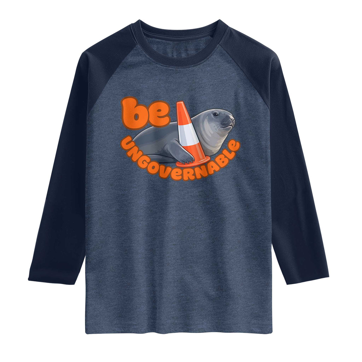 Neil The Seal Be Ungovernable Raglan Shirt Funny Tasmania Elephant Seal Road TS11 Heather Denim Navy Print Your Wear
