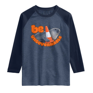 Neil The Seal Be Ungovernable Raglan Shirt Funny Tasmania Elephant Seal Road TS11 Heather Denim Navy Print Your Wear