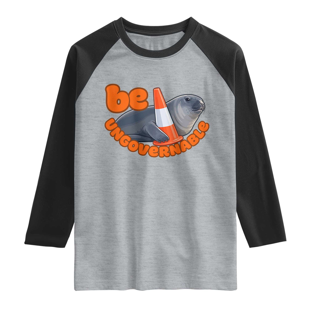 Neil The Seal Be Ungovernable Raglan Shirt Funny Tasmania Elephant Seal Road TS11 Heather Gray Black Print Your Wear