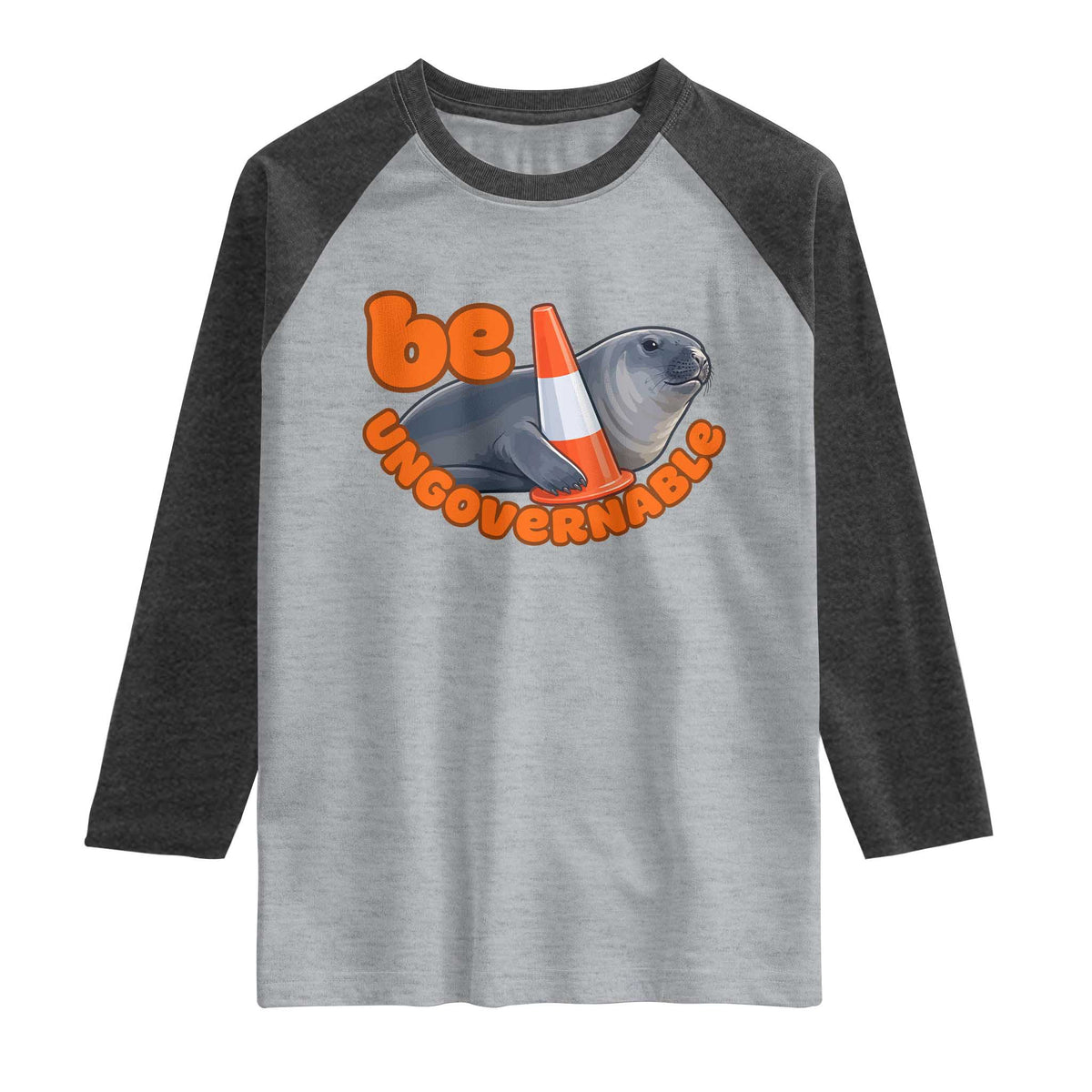 Neil The Seal Be Ungovernable Raglan Shirt Funny Tasmania Elephant Seal Road TS11 Heather Gray Heather Charcoal Print Your Wear