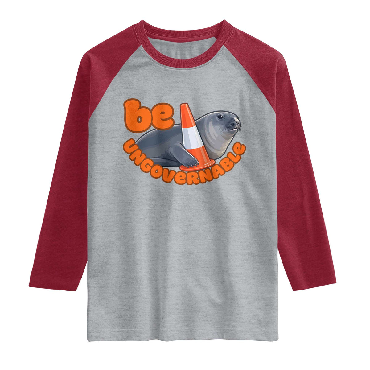 Neil The Seal Be Ungovernable Raglan Shirt Funny Tasmania Elephant Seal Road TS11 Heather Gray Heather Red Print Your Wear