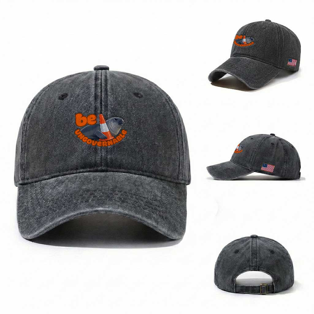Neil The Seal Be Ungovernable Washed Cotton Baseball Cap Funny Tasmania Elephant Seal Road TS11 Washed Cap Universal Fit Dark Gray Print Your Wear