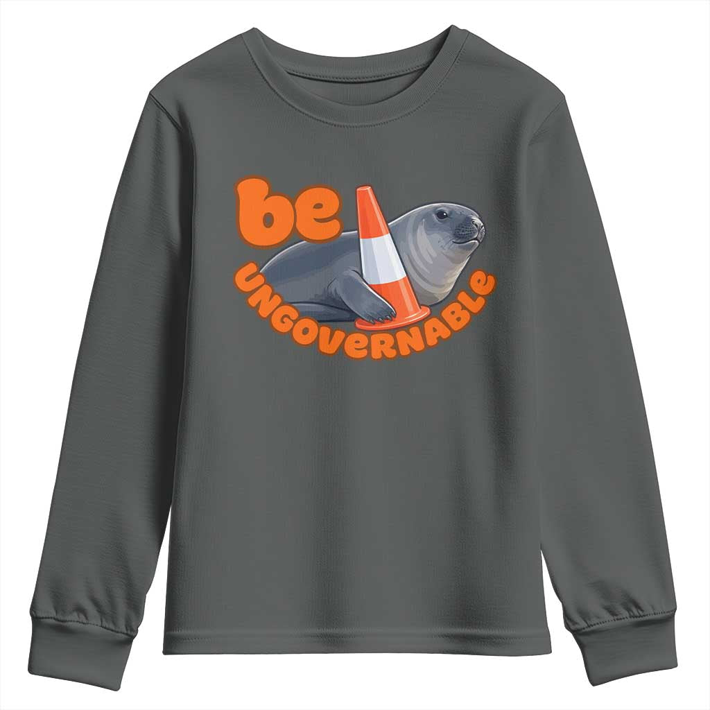 Neil The Seal Be Ungovernable Youth Sweatshirt Funny Tasmania Elephant Seal Road TS11 Dark Heather Print Your Wear
