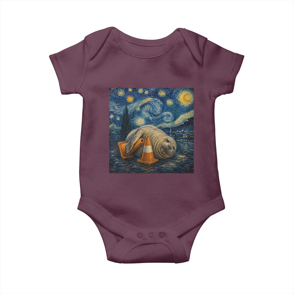 Funny Neil The Seal Starry Night Baby Onesie Van Gogh Art for Tasmania Seal Lovers TS11 Maroon Print Your Wear