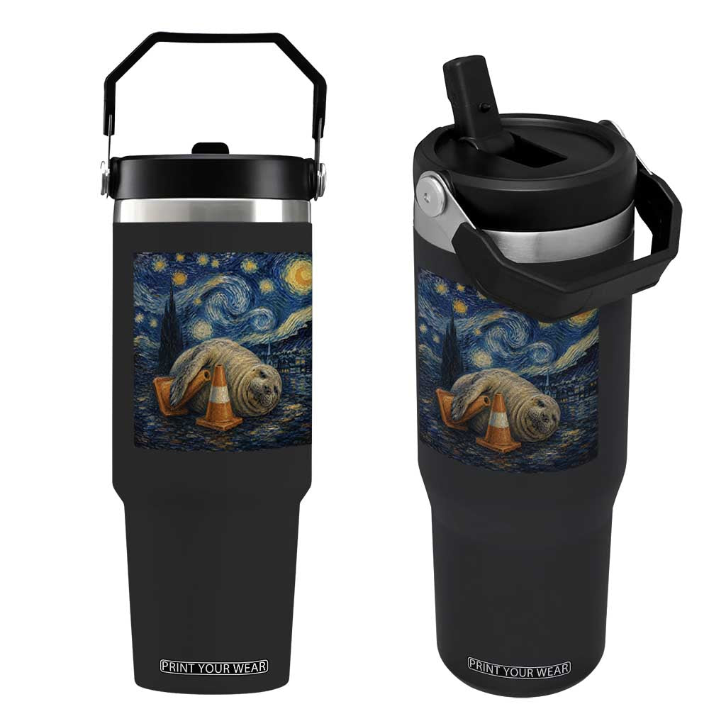 Funny Neil The Seal Starry Night Flip Straw Tumbler Van Gogh Art for Tasmania Seal Lovers TS11 One Size: 30 oz Black Print Your Wear