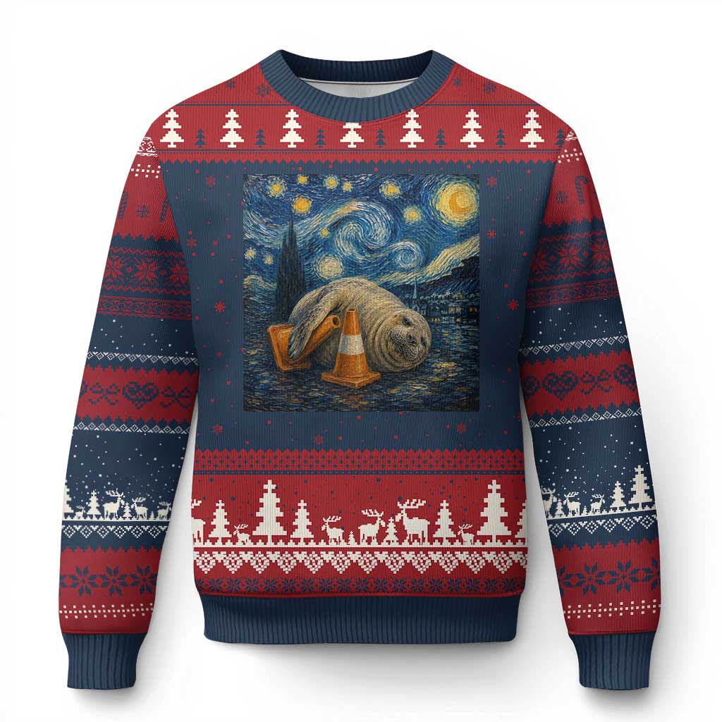 Funny Neil The Seal Starry Night Ugly Christmas Sweater Van Gogh Art for Tasmania Seal Lovers TS11 Navy Red Print Your Wear