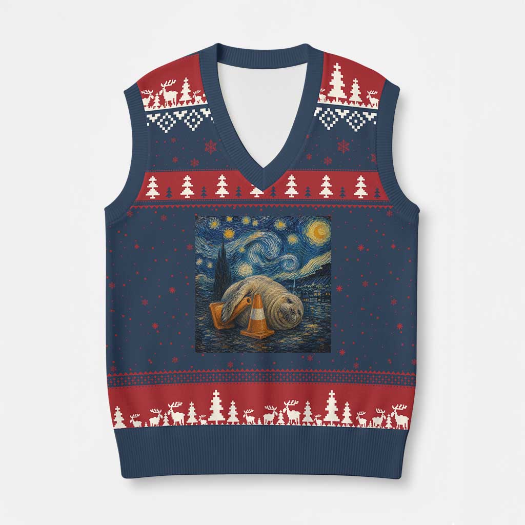 Funny Neil The Seal Starry Night V-Neck Knit Sweater Vest Van Gogh Art for Tasmania Seal Lovers TS11 Navy Red Print Your Wear