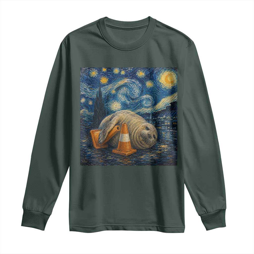 Funny Neil The Seal Starry Night Long Sleeve Shirt Van Gogh Art for Tasmania Seal Lovers TS11 Dark Forest Green Print Your Wear