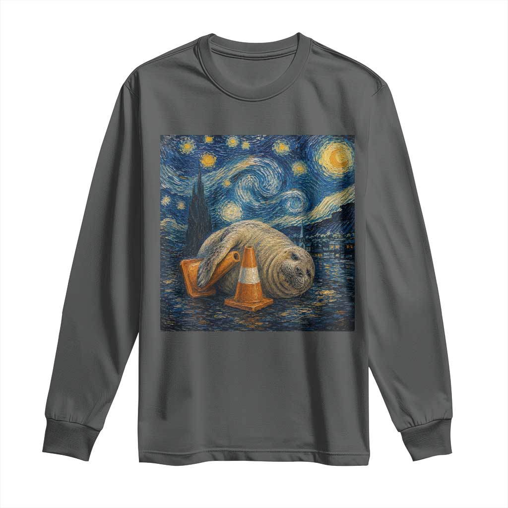 Funny Neil The Seal Starry Night Long Sleeve Shirt Van Gogh Art for Tasmania Seal Lovers TS11 Dark Heather Print Your Wear