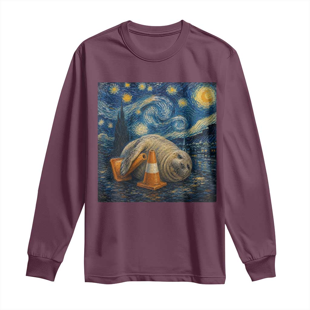 Funny Neil The Seal Starry Night Long Sleeve Shirt Van Gogh Art for Tasmania Seal Lovers TS11 Maroon Print Your Wear
