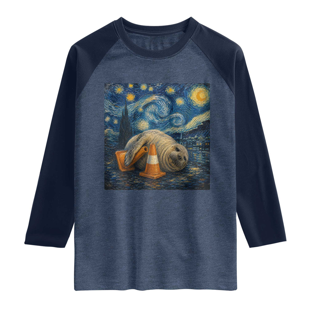 Funny Neil The Seal Starry Night Raglan Shirt Van Gogh Art for Tasmania Seal Lovers TS11 Heather Denim Navy Print Your Wear