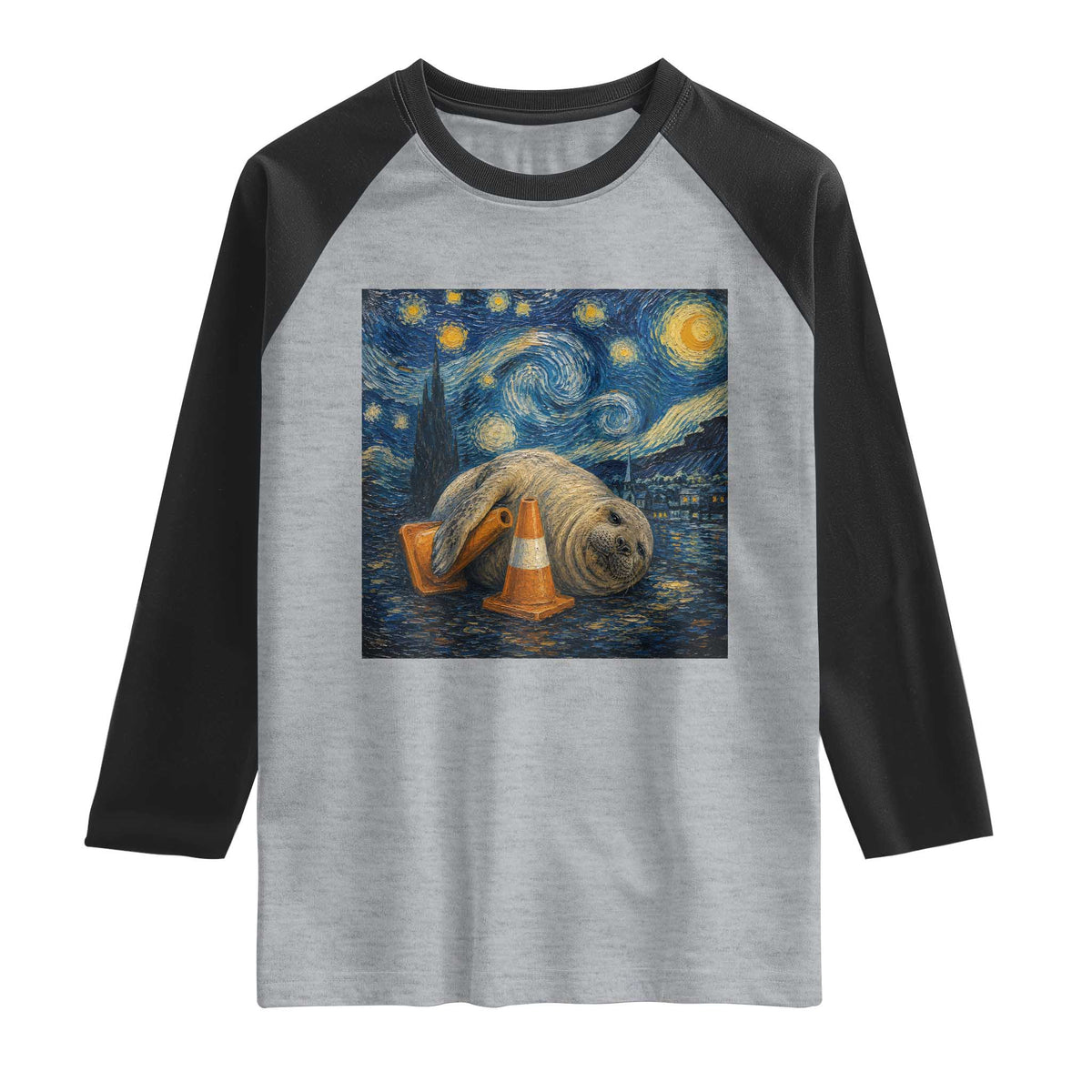 Funny Neil The Seal Starry Night Raglan Shirt Van Gogh Art for Tasmania Seal Lovers TS11 Heather Gray Black Print Your Wear