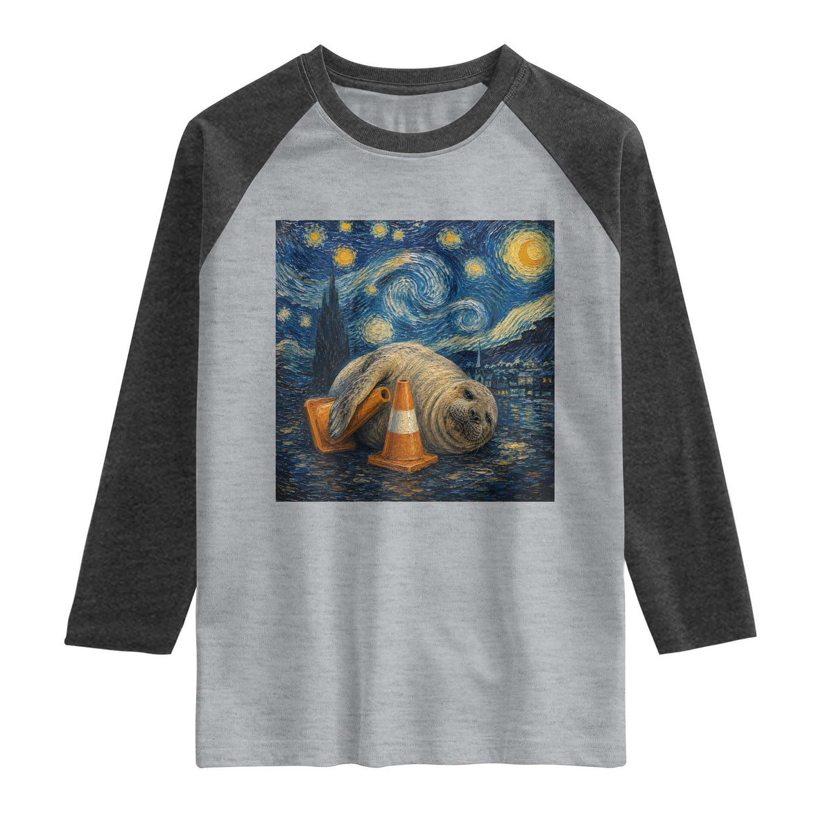 Funny Neil The Seal Starry Night Raglan Shirt Van Gogh Art for Tasmania Seal Lovers TS11 Heather Gray Heather Charcoal Print Your Wear