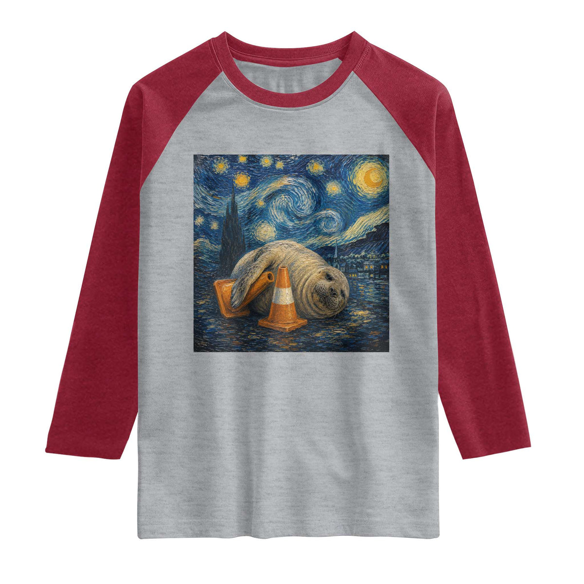 Funny Neil The Seal Starry Night Raglan Shirt Van Gogh Art for Tasmania Seal Lovers TS11 Heather Gray Heather Red Print Your Wear