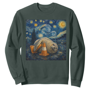 Funny Neil The Seal Starry Night Sweatshirt Van Gogh Art for Tasmania Seal Lovers TS11 Dark Forest Green Print Your Wear