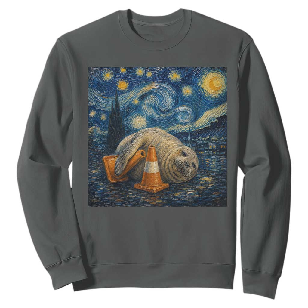 Funny Neil The Seal Starry Night Sweatshirt Van Gogh Art for Tasmania Seal Lovers TS11 Dark Heather Print Your Wear