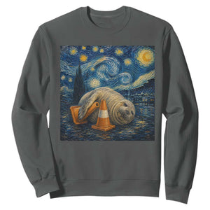 Funny Neil The Seal Starry Night Sweatshirt Van Gogh Art for Tasmania Seal Lovers TS11 Dark Heather Print Your Wear