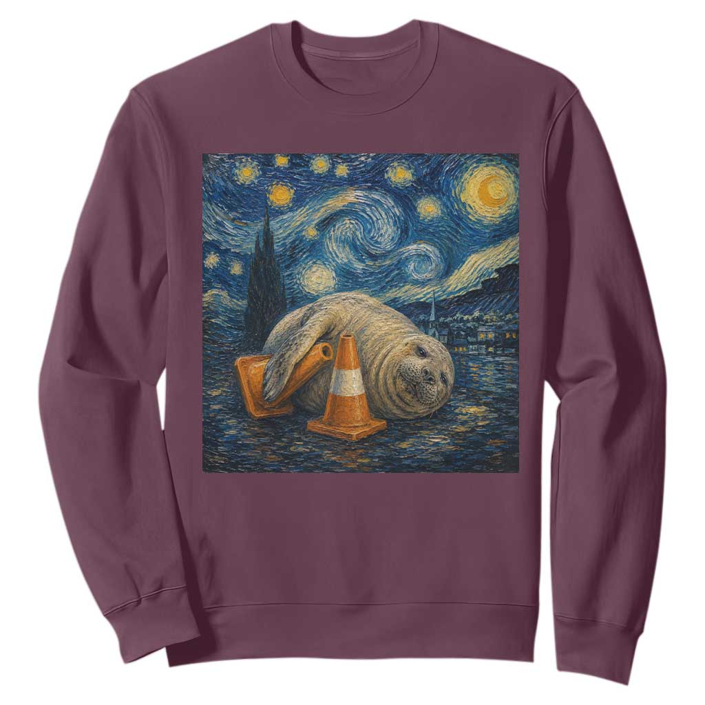 Funny Neil The Seal Starry Night Sweatshirt Van Gogh Art for Tasmania Seal Lovers TS11 Maroon Print Your Wear