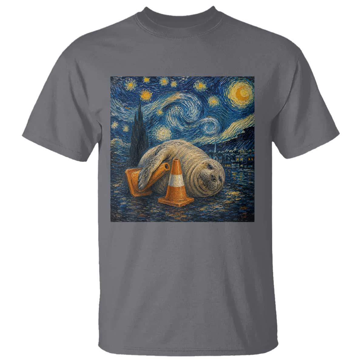 Funny Neil The Seal Starry Night T Shirt Van Gogh Art for Tasmania Seal Lovers TS11 Charcoal Print Your Wear