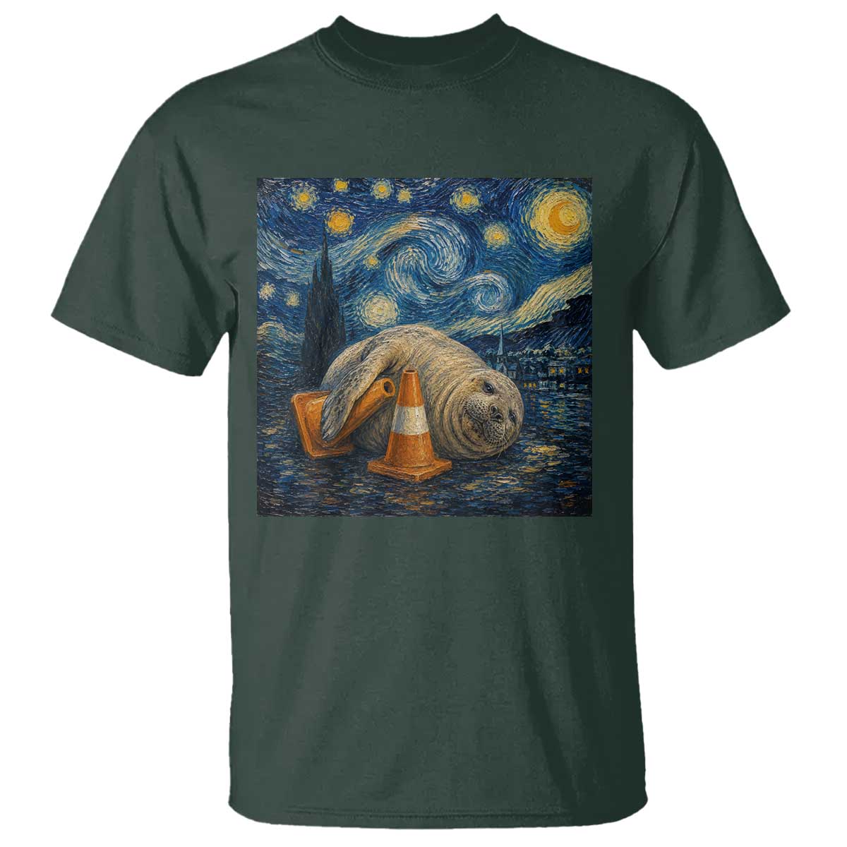 Funny Neil The Seal Starry Night T Shirt Van Gogh Art for Tasmania Seal Lovers TS11 Dark Forest Green Print Your Wear