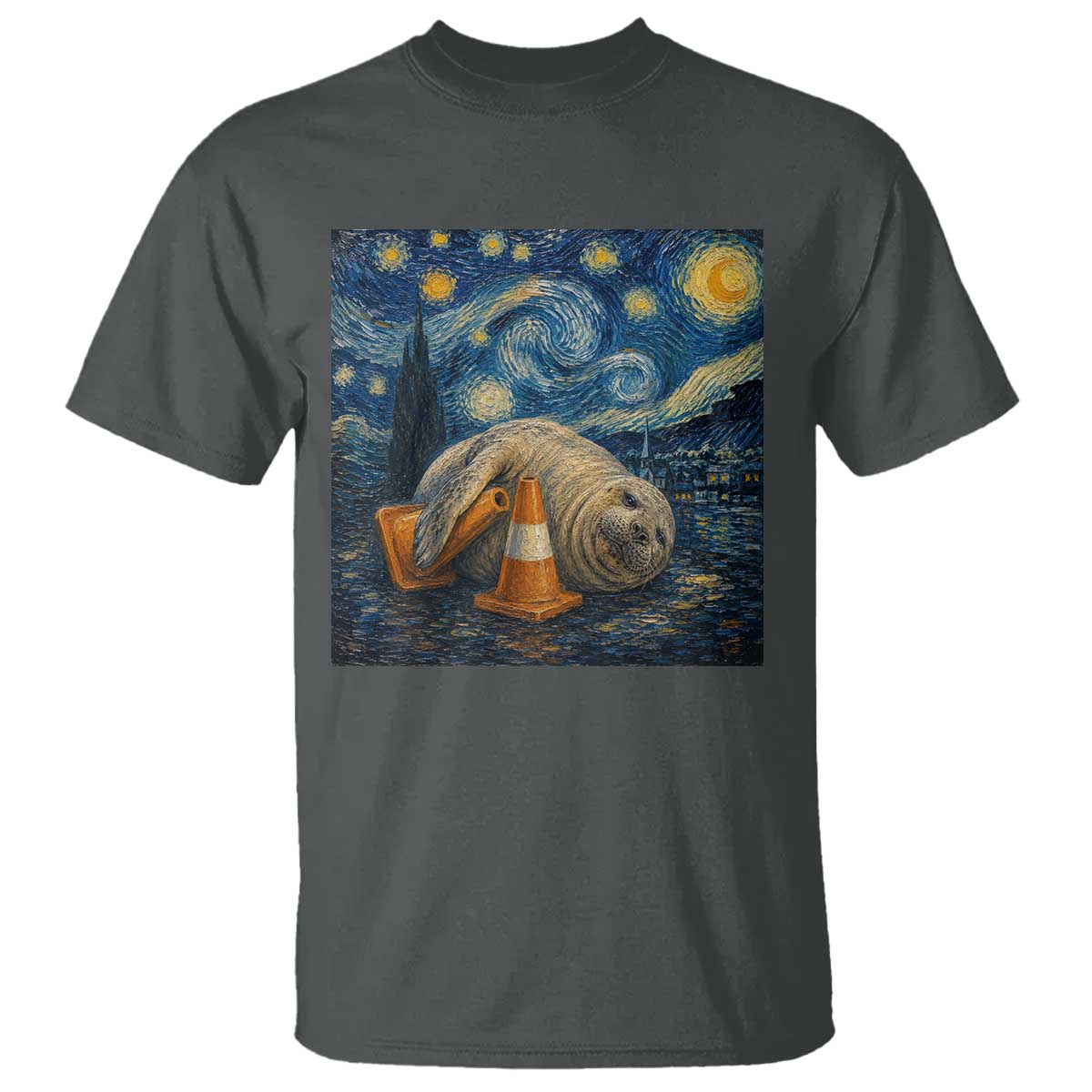 Funny Neil The Seal Starry Night T Shirt Van Gogh Art for Tasmania Seal Lovers TS11 Dark Heather Print Your Wear