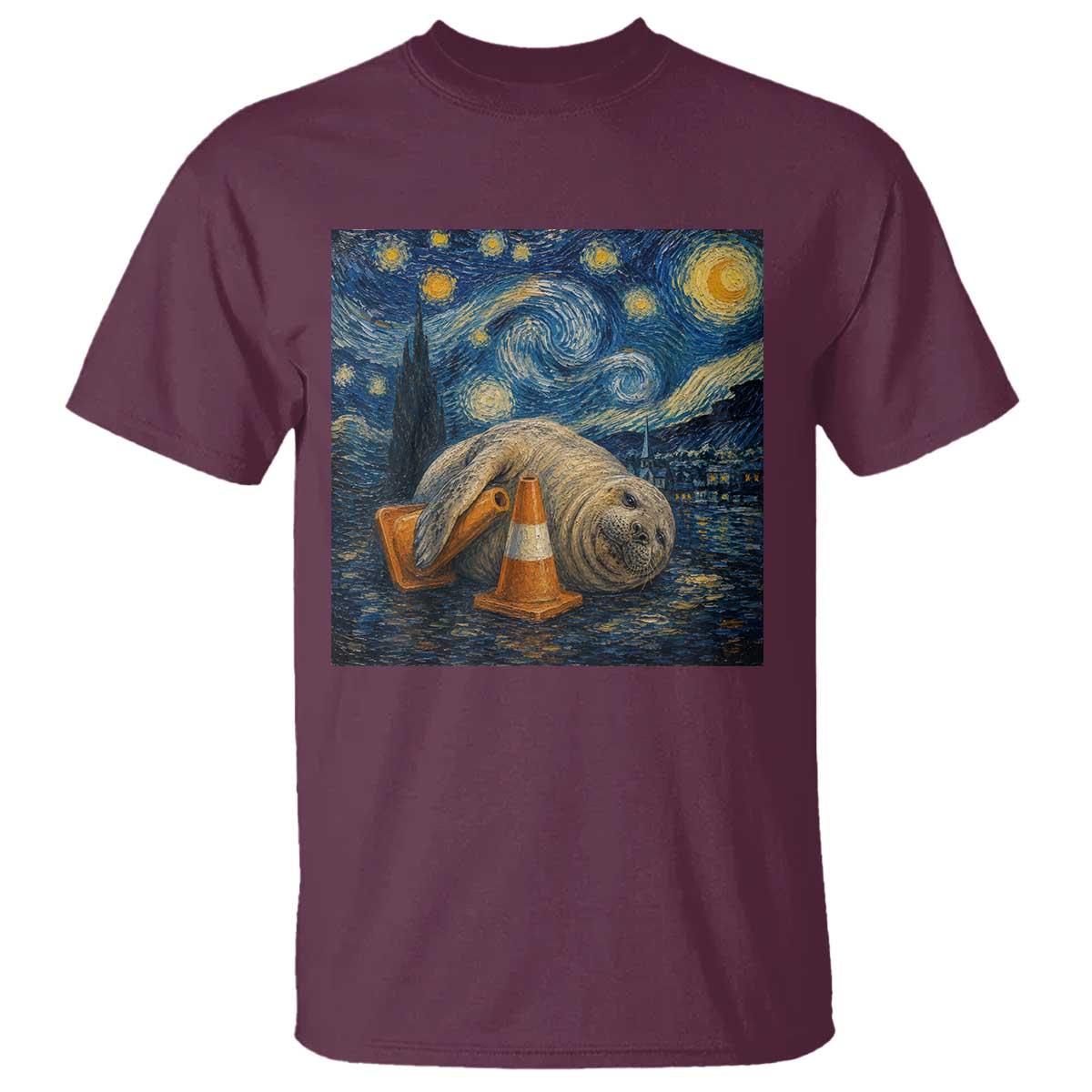 Funny Neil The Seal Starry Night T Shirt Van Gogh Art for Tasmania Seal Lovers TS11 Maroon Print Your Wear