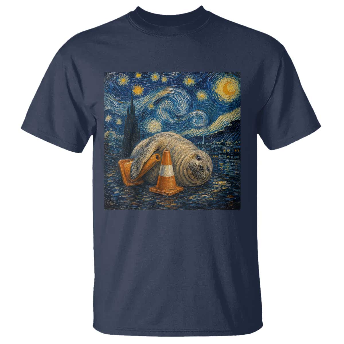 Funny Neil The Seal Starry Night T Shirt Van Gogh Art for Tasmania Seal Lovers TS11 Navy Print Your Wear