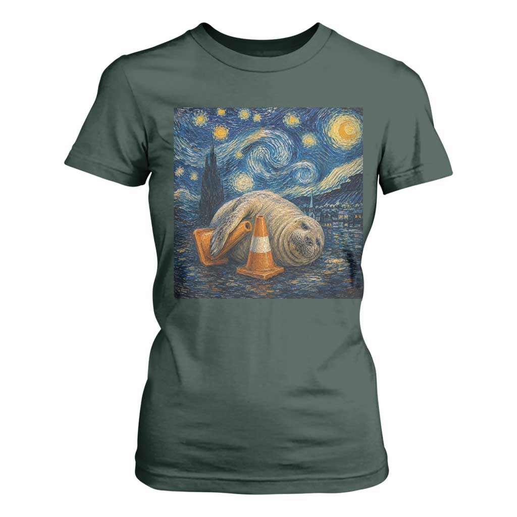 Funny Neil The Seal Starry Night T Shirt For Women Van Gogh Art for Tasmania Seal Lovers TS11 Dark Forest Green Print Your Wear