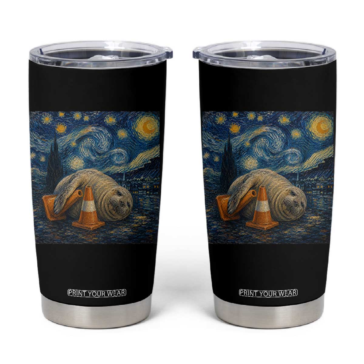 Funny Neil The Seal Starry Night Tumbler Cup Van Gogh Art for Tasmania Seal Lovers TS11 Black Print Your Wear