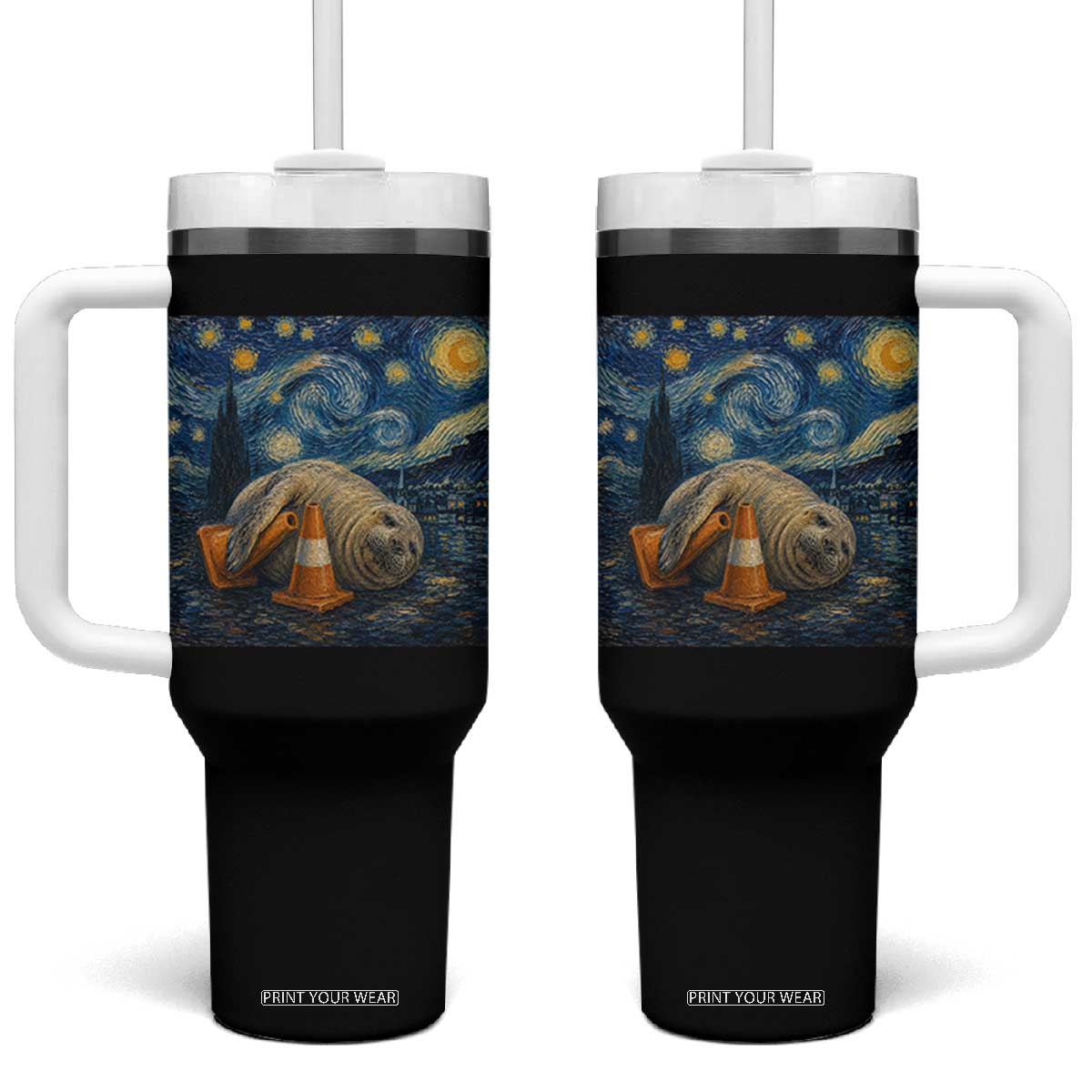 Funny Neil The Seal Starry Night Tumbler With Handle Van Gogh Art for Tasmania Seal Lovers TS11 One Size: 40 oz Black Print Your Wear