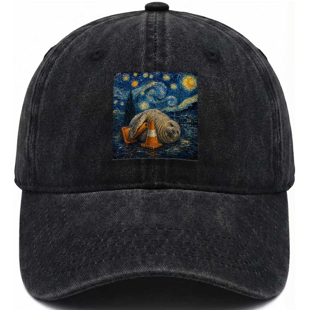 Funny Neil The Seal Starry Night Washed Cotton Baseball Cap Van Gogh Art for Tasmania Seal Lovers TS11 Print Your Wear