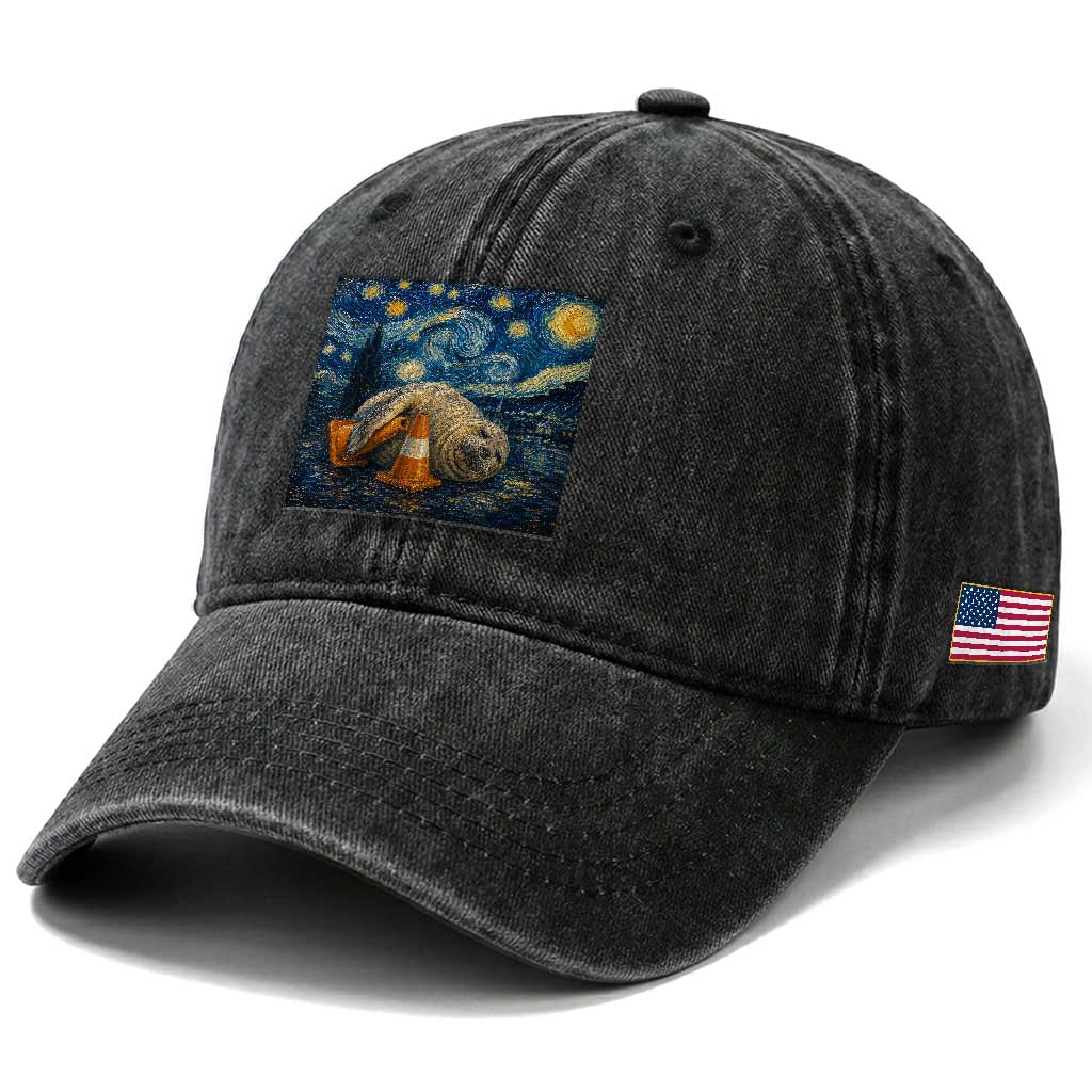 Funny Neil The Seal Starry Night Washed Cotton Baseball Cap Van Gogh Art for Tasmania Seal Lovers TS11 Print Your Wear