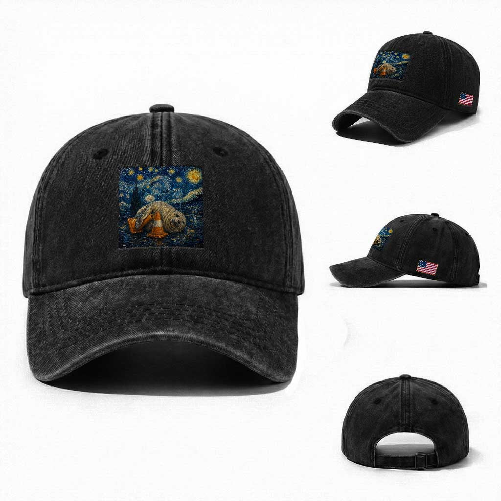 Funny Neil The Seal Starry Night Washed Cotton Baseball Cap Van Gogh Art for Tasmania Seal Lovers TS11 Washed Cap Universal Fit Black Print Your Wear